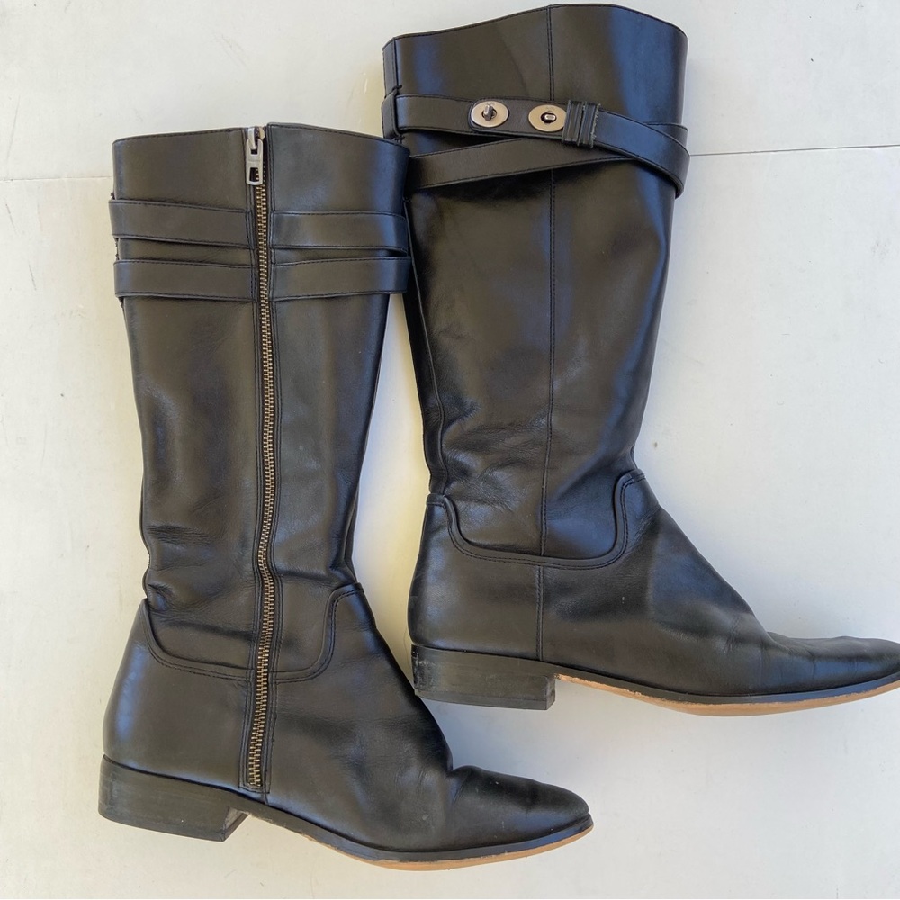 Coach Linette Boots Womens 9 Black Leather Riding Moto Harness Zip Knee High